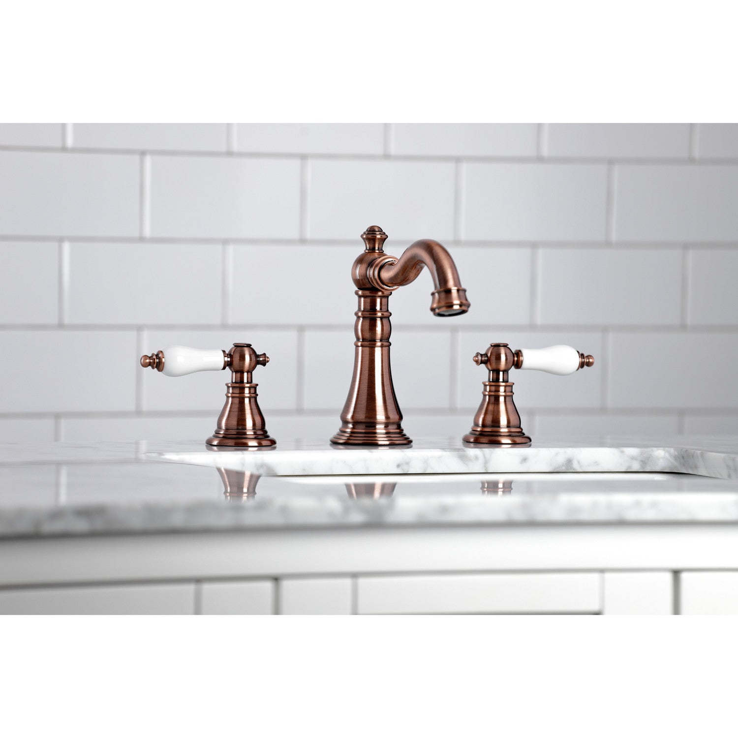 Kingston Heirloom FSC197APLAC - American Patriot Two-Handle 3-Hole Deck Mount Widespread Bathroom Faucet with Brass Pop-Up, Antique Copper — thumbnail 3